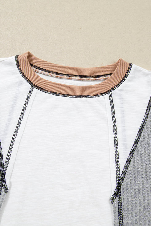 Waffle Patchwork Exposed Seam Balloon Sleeve Color Block Knit Top